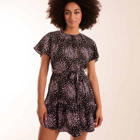 Frill Sleeve Belted Mini Dress - 8 / BLACK
