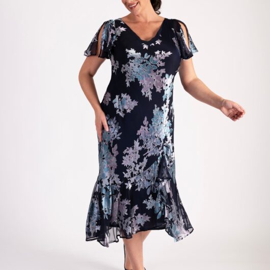 Navy/Lilac Enchanted Leaf Devoree Dress with Chiffon Neckline