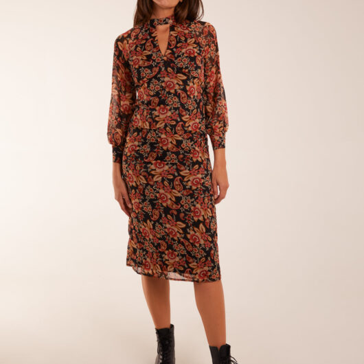 Raglan Keyhole Midi Dress - 8 / BLACK PATTERN