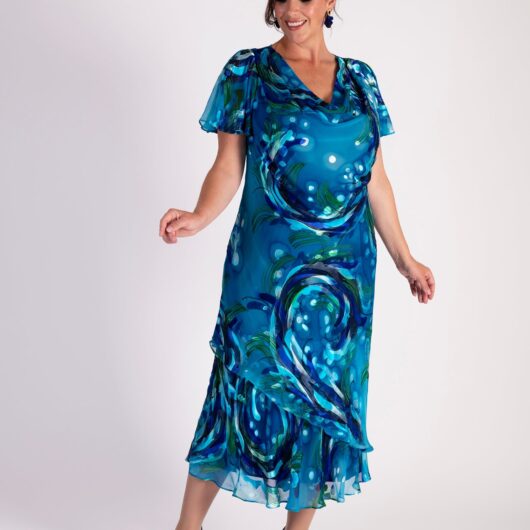 Teal/Cobalt Silk Mix Hand Painted Ocean Wave Cowl Neck Satin Devoree Dress- LIMITED EDITION