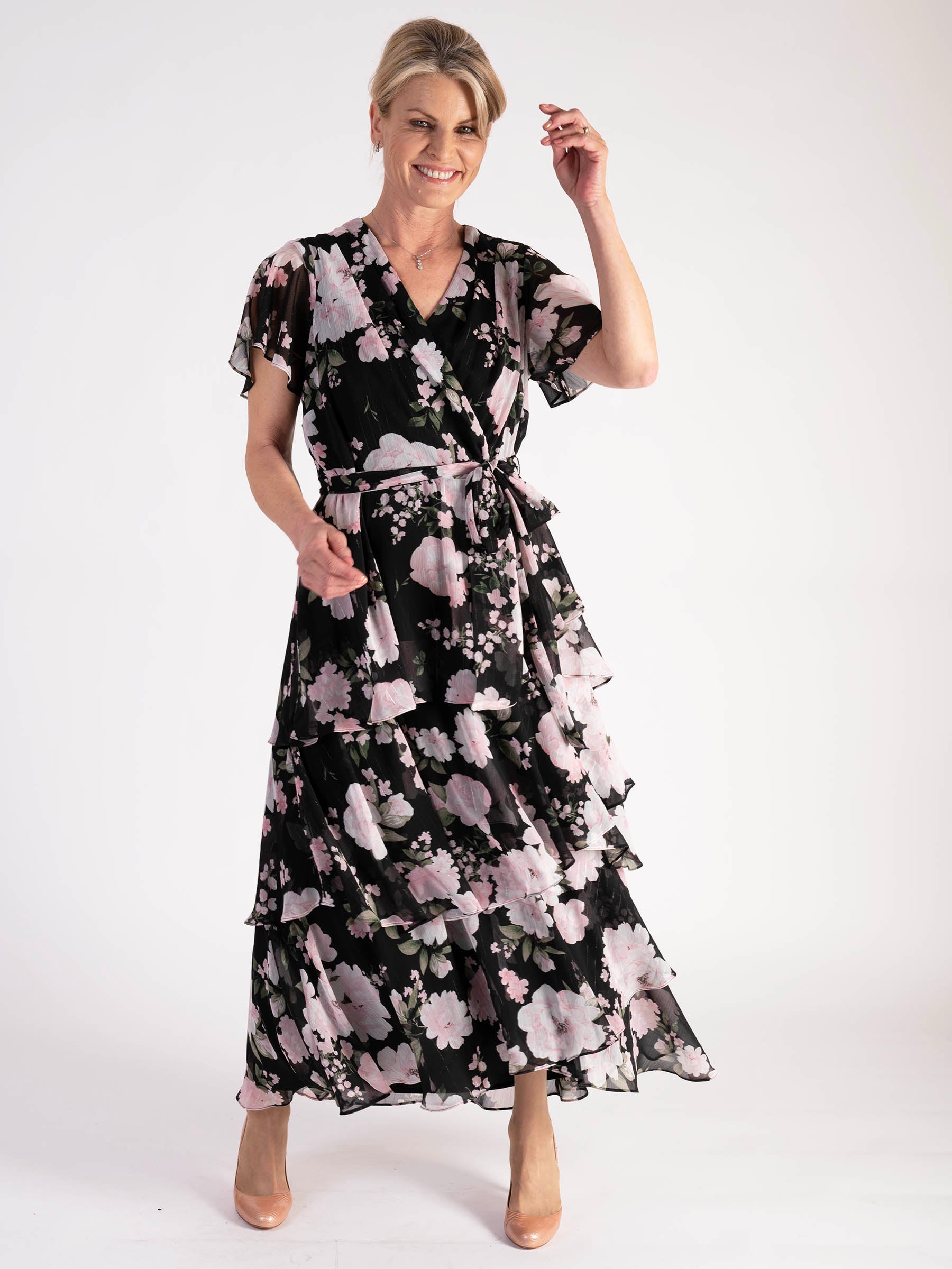 Black/Pink Wild Roses Printed Chiffon Dress