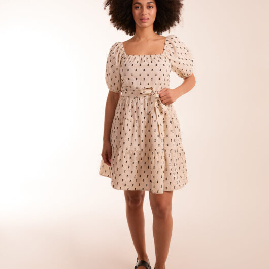 Dobby Spot Milkmaid Mini Dress - S / STONE