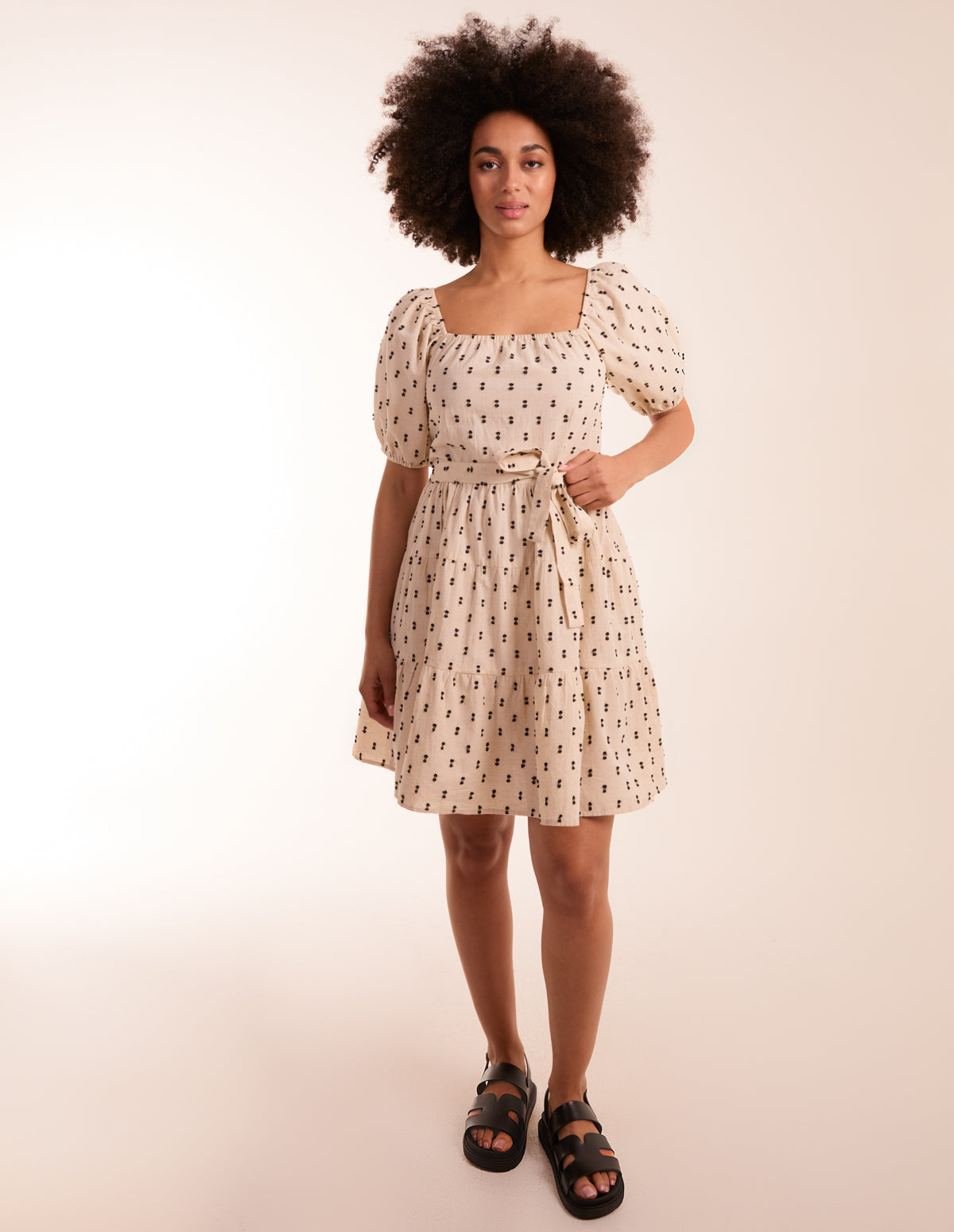 Dobby Spot Milkmaid Mini Dress - S / STONE