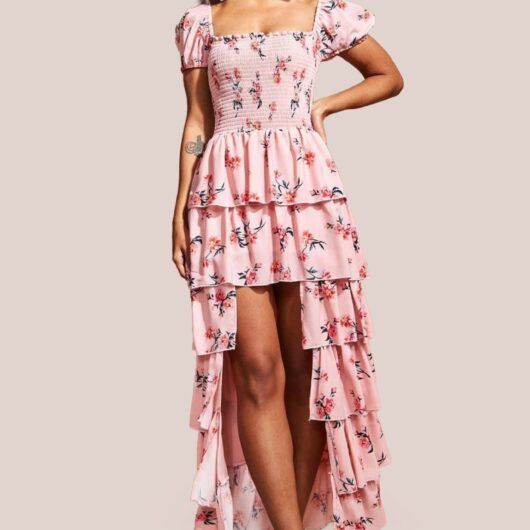 Layered Dipped Hem Floral Maxi - Peach by Goddiva