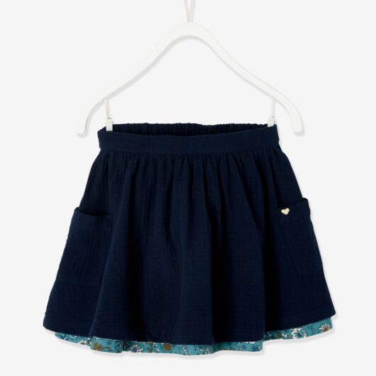Reversible Skirt, Plain or with Floral Print, for Girls blue