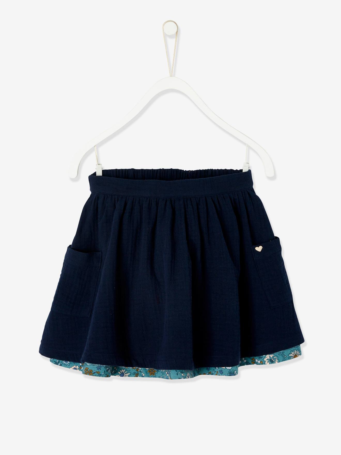 Reversible Skirt, Plain or with Floral Print, for Girls blue