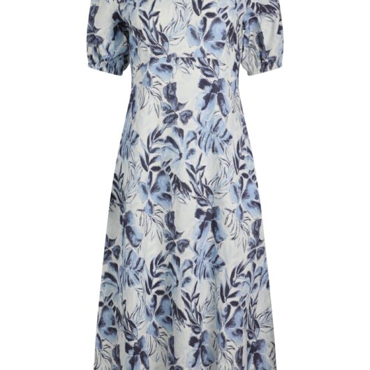 Weird Fish Delanie Linen Rich Printed Tea Dress Estate blue Size 10
